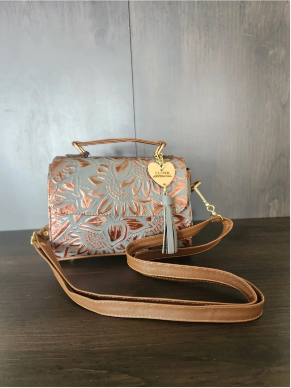 Blue Gray Bronze Sunflower Embossed Tooled Artisan Leather Crossbody Purse
